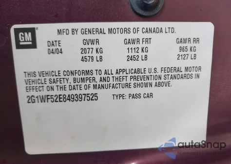 2004 Chevrolet Impala z USA, uszkodzony, nr VIN 2G1WF52E849397525